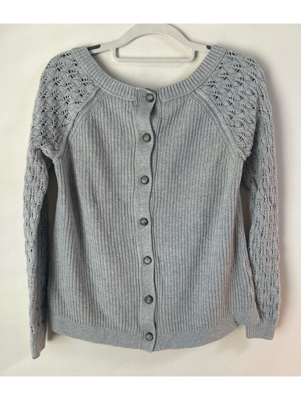 LOFT Women's Light Gray Button-Up Cardigan Sweater with Lace Sleeves, Size XS